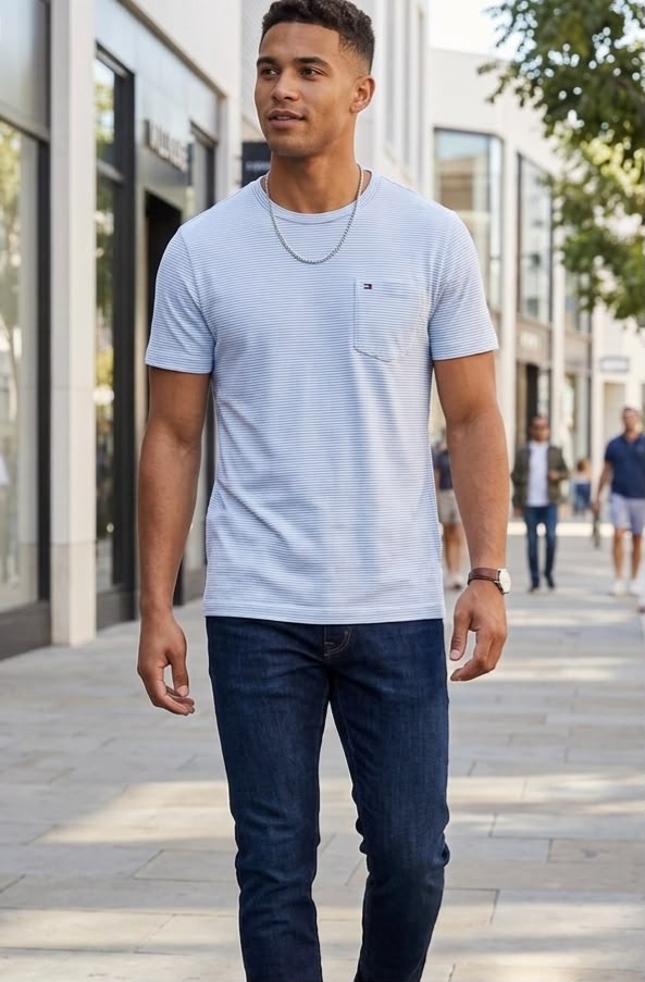 TOMMY CAMISETA C/R CELESTE RAYAS BLC XM07538