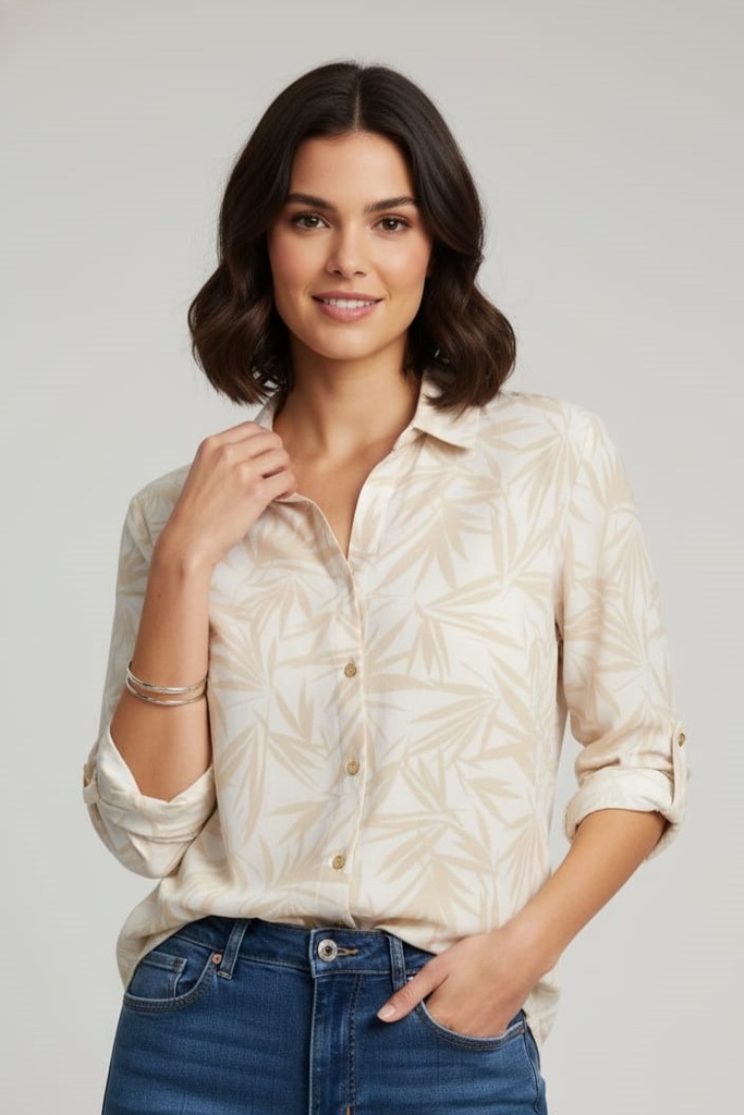 ANNE KLEIN BLUSA BEIGE HOJAS KAKHI
