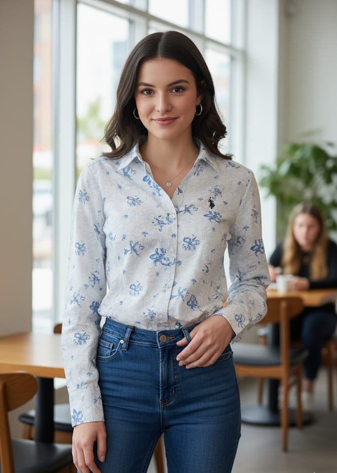 POLO  CAMISA BLANCO FLRS AZUL MUJER