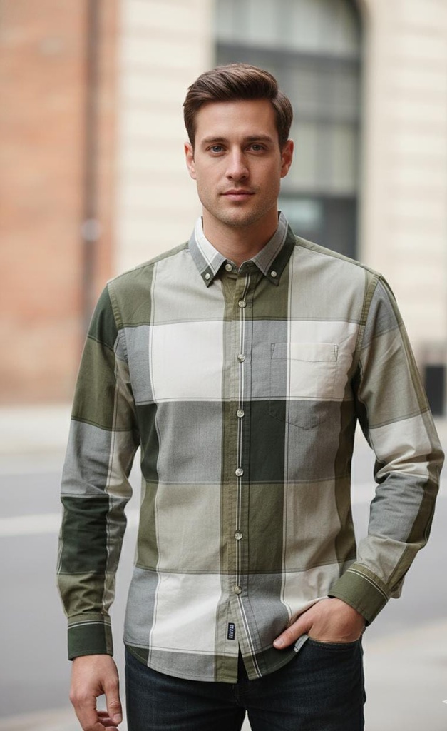 BANANA CAMISA CUADRIC. VERDE OLIVO-