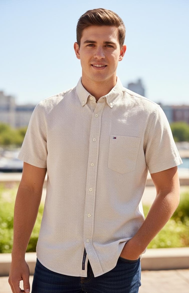 TOMMY CAMISA BEIGE-BLANCO HOMBRE