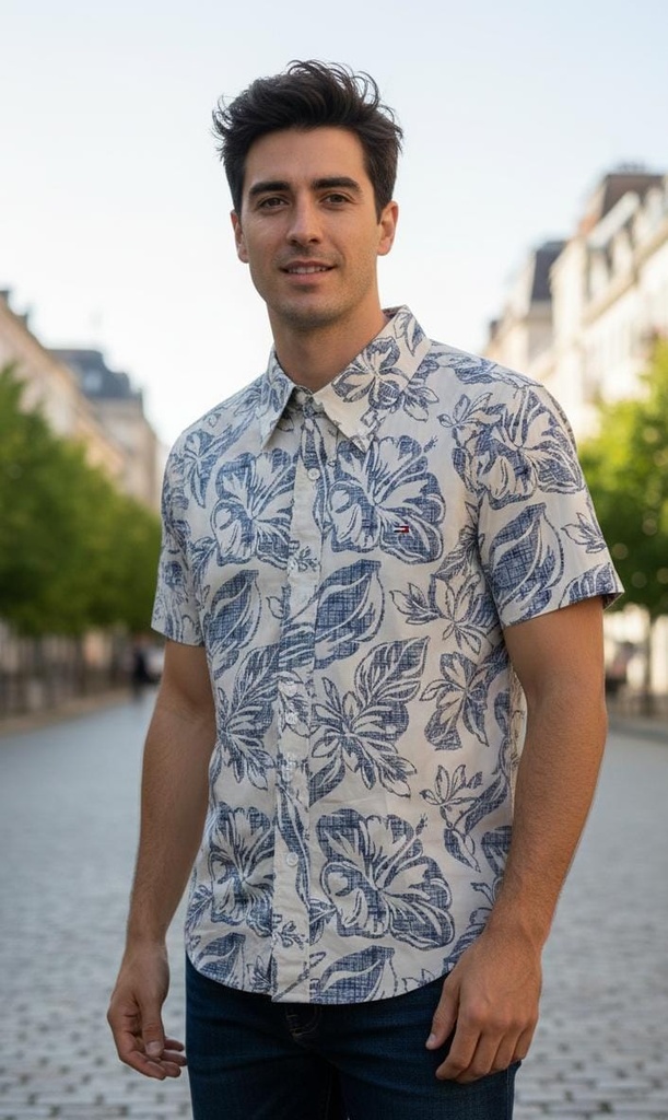 TOMMY CAMISA BEIGE HOJAS AZUL XM04718