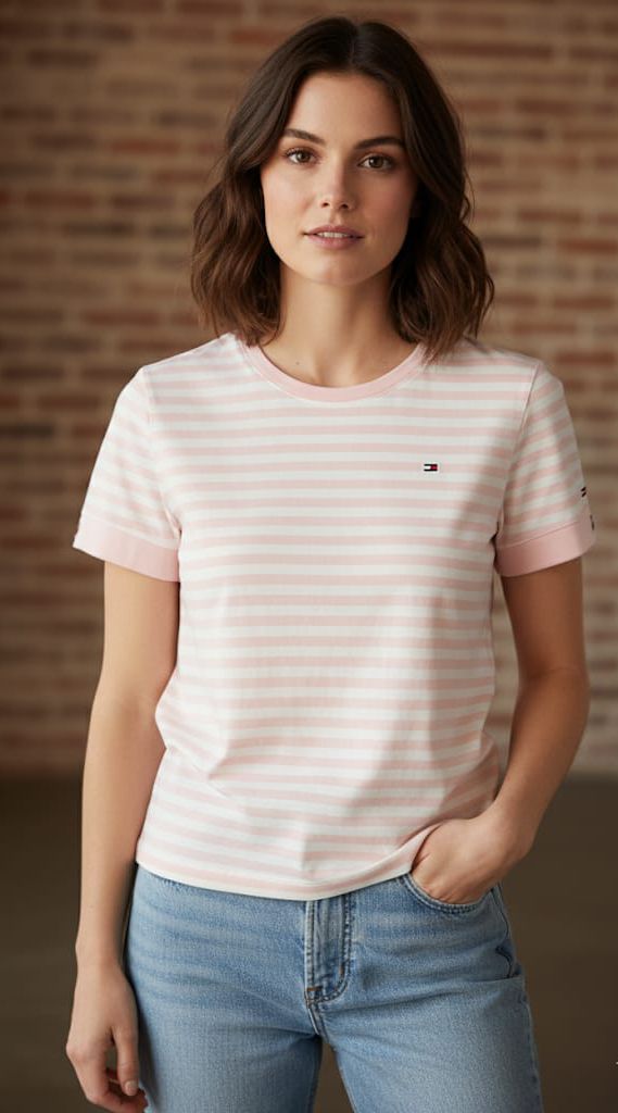 TOMMY CAMISETA BLANCO LINEAS ROSA H4RTB43C
