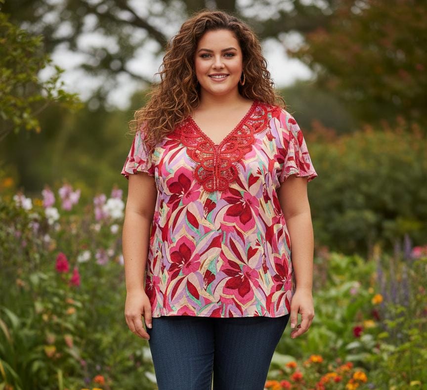 COLETTE BLUSA FLORES FUCHSIA-OCRE-VRD PLUS 3400