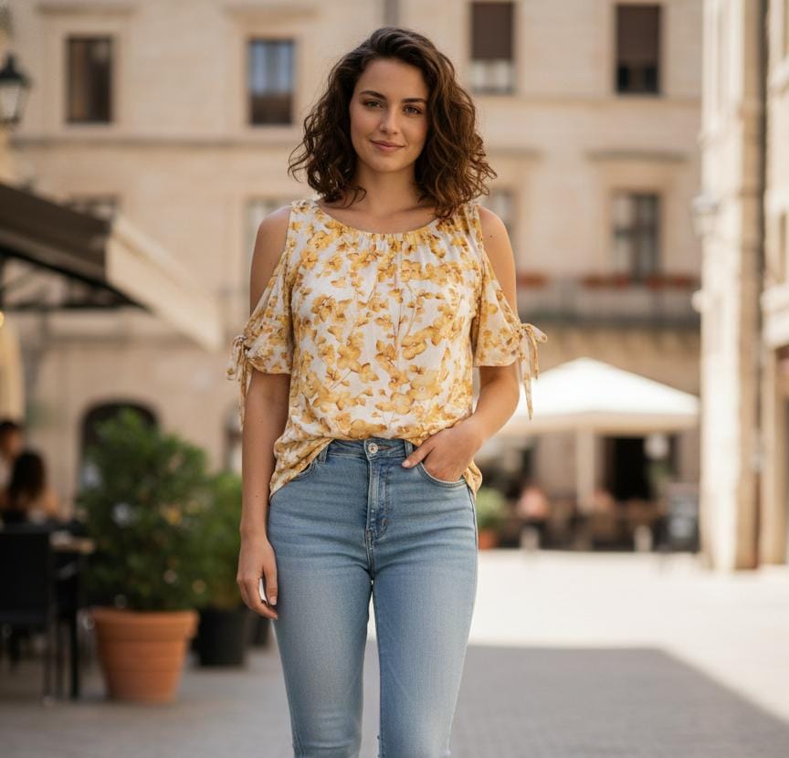 APRIL BLUSA MUJER BEIGE FLORES MOSTAZA