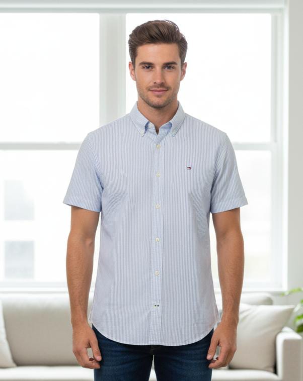 TOMMY CAMISA CELESTE RAYAS BLANC 78J8438