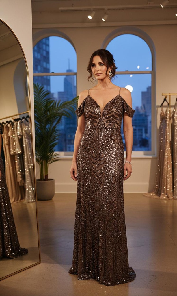 NW VESTIDO MOCHA BRILLANTE LARGO MUJER