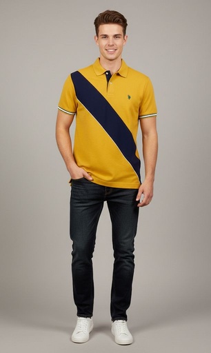 [11C89230] POLO CAMISETA MOSTAZA-AZUL M. HOMBRE