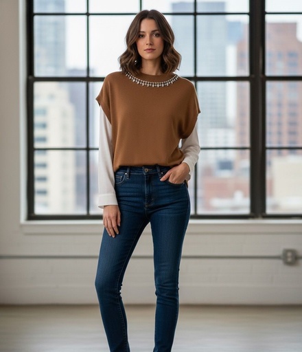 ONTWE BLUSA-SUETER CAMEL-BLANCO 1228637