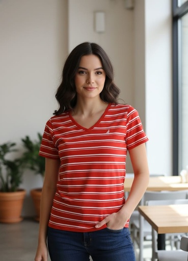 [25V011] NAUTICA CAMISETA MUJER ROJO-BLANCO