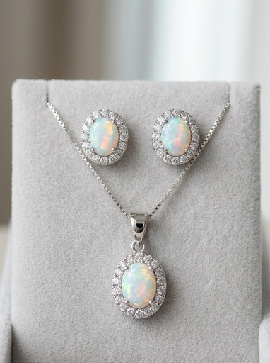 [SET1890] SET ARETES-CADENA PLATA OPALO