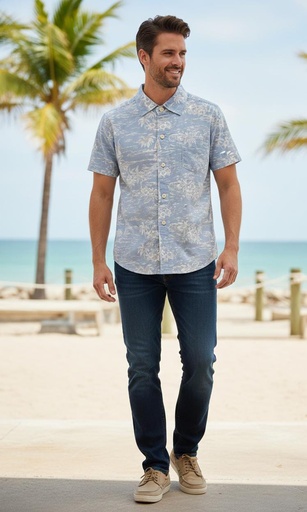 [ST327522TX] TOMMY BAHAMA CAMISA CELESTE PALMERAS
