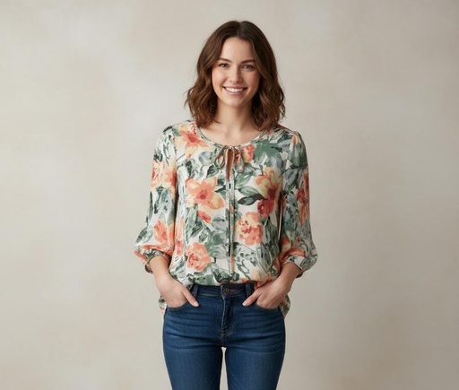 [8735B] APRIL BLUSA MUJER BEIGE FLRS CLRS VERDE