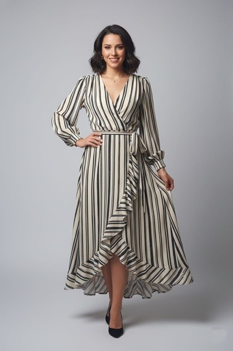 [92134M] MAISON TARA VESTIDO BEIGE-NEGRO RAYAS