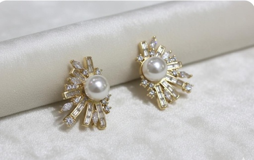 [AE0256] ARETES ENCHAPE PERLA-DRD BRILLANTE