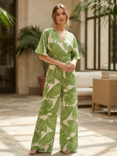 BIGHIT JUMPSUIT BEIGE HOJAS VERDE HR3012